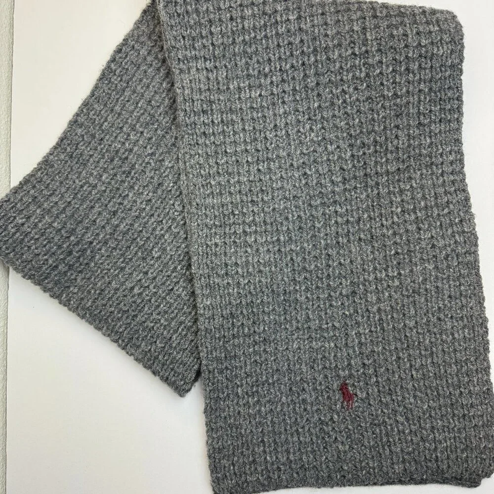Polo Ralph Lauren Gray Lambs Wool Blend Knit Winter Warm Scarf